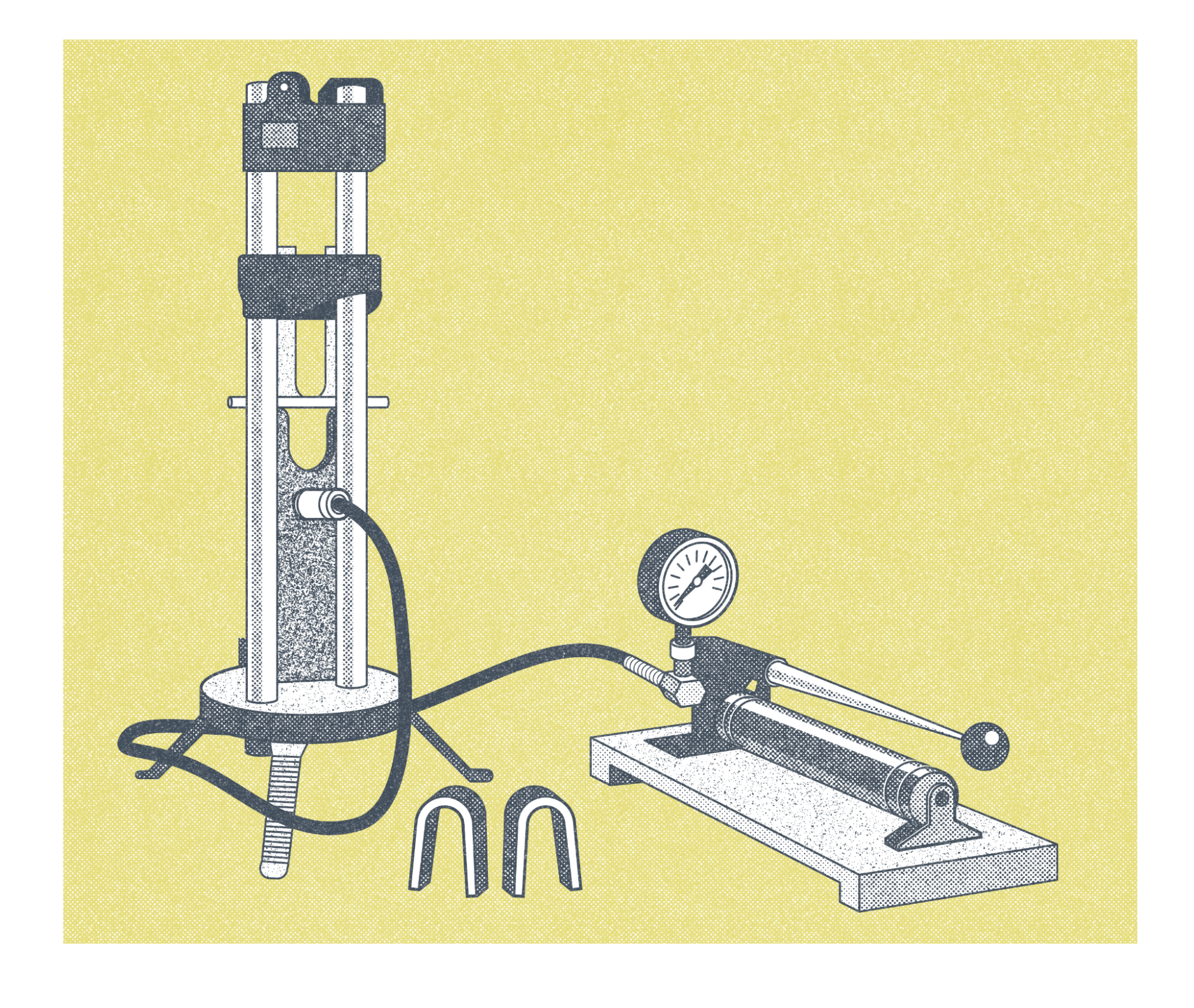 An illustration of a bend test machine on pneumatic power. The machine looks a bit like a guillotine in that it has a pneumatic lever that lowers a tool that puts pressure against the weldment being tested and forces it into a U-shaped groove at the base of the machine. The downward pressure of the bending tool forces the metal to bend.