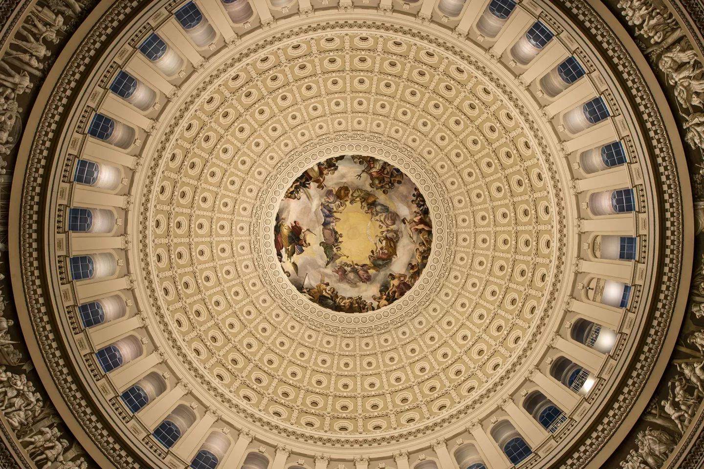 A view of the Capitol Dome Rotunda looking straight up.