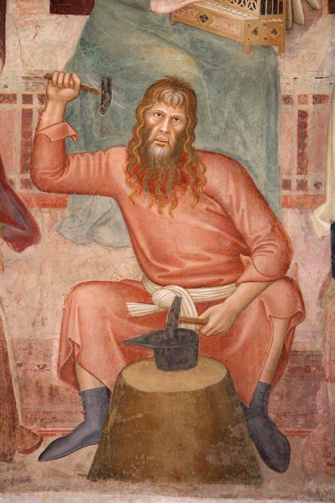 A painting of a bearded man seated at an anvil, with a hammer in one raised hand.