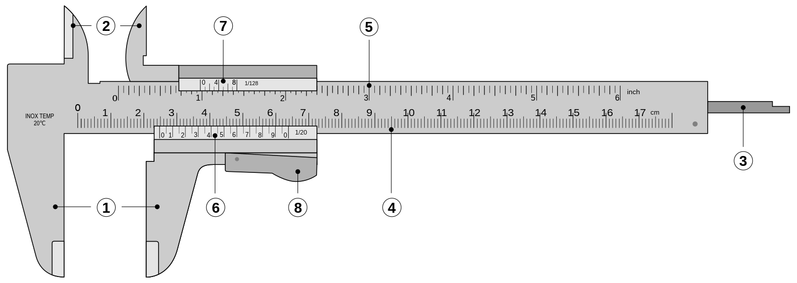 An illustration of a set of Vernier calipers showing the bar with metric and Imperial scales, the outside and inside jaws used to measure the outside or inside diameter of an object, and the depth probe used to find the depth of a hole or step.