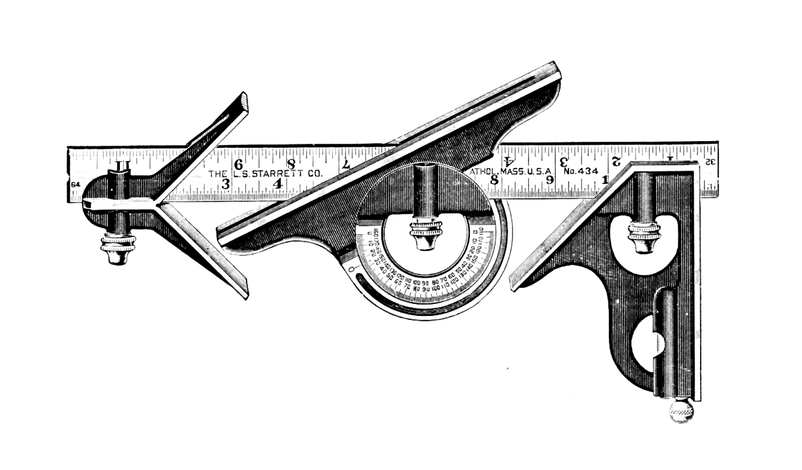 An illustration of a combination square with a ruler and three attachments known as heads. On the left is a centering head with two arms at a 90 degree angle. One edge of the ruler is set directly between them at 45 degrees to either arm. In the middle is a protractor head with a flat edge and a 180-degree protractor. On the right is a square head with three adjacent flat sides, two at a 90-degree angle and one at a 45-degree angle.