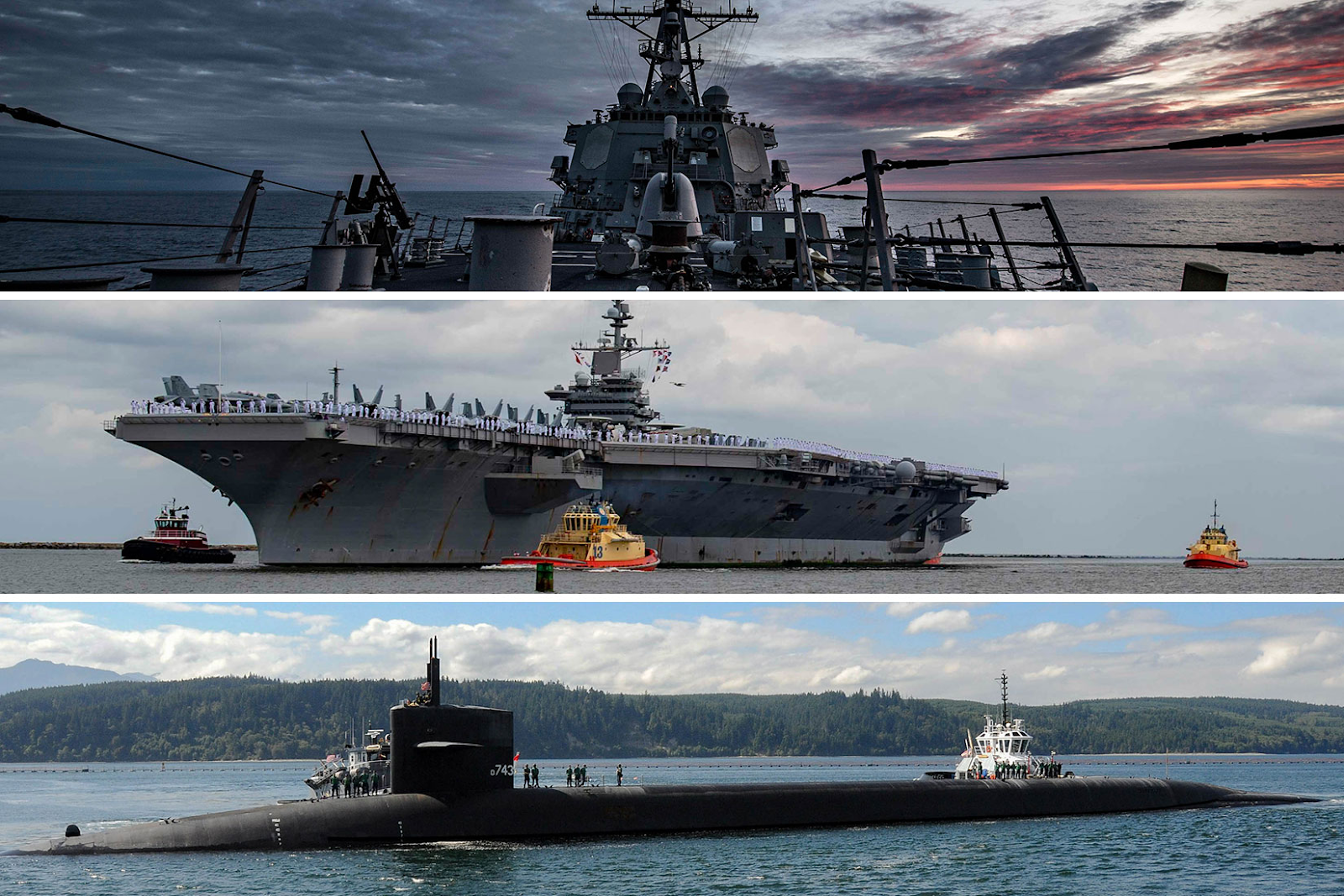 Three photographs of Naval vessels. The first, located on the top, is a photograph of the deck of a ship with the cabin in the foreground. The second is a side view of a grey aircraft carrier with three smaller yellow ships surrounding it. The third is a black submarine surfaced above the water line. A white passenger ship approaches the submarine while several people are standing on the surfaced part of the submarine.