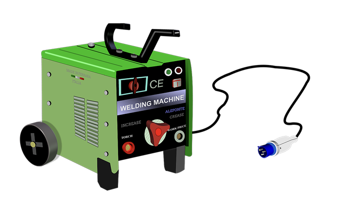 An illustration of a simple welding power source with power cable. This example is a green machine with wheels attached to the back so the machine can be moved around, but it has two legs on the front for stability. Two electrical receptacles, one positive and one negative, are on the front of the machine where the welding leads plug in. A knob on the front allows the welder to adjust the welding amperage.