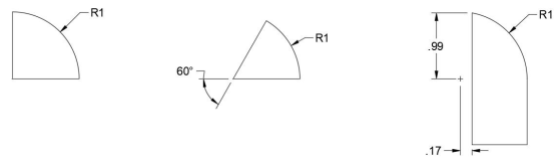 Three examples of how a radius might be dimensioned. In the left illustration a quarter circle is labeled R1 where the curved edge of the circle would be. In the second illustration a wedge shape, as if from a piece of pie, shows an angle measurement of 60 degrees. R1 is indicated at the curved side of the wedge. Finally, an illustration shaped like the right side of half an arched doorway. The dimensions along the left side are .99 and .17 a small plus sign appears in between the .99 and .17 dimensions, indicating the center of where the full circle would be if the piece included a full circle. R1 is indicated on the part of the piece that forms half an archway.