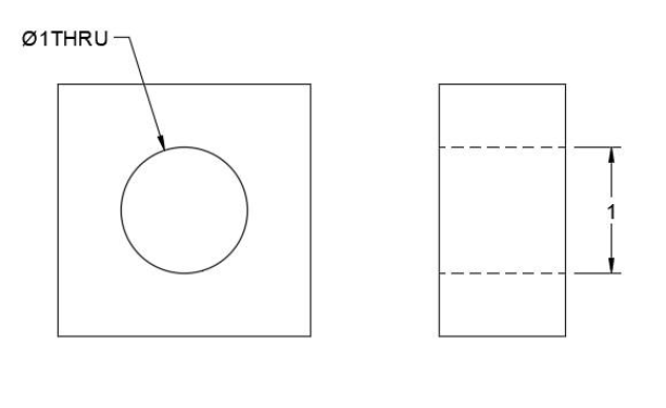 A drawing with two views showing how a through hole may be dimensioned. In the first illustration, a square plate with a circle in the center. The circle includes a dimension line marked with the symbol for diameter, the number 1, and THRU. In the second illustration, a rectangle is shown with the dimension indicated at 1.