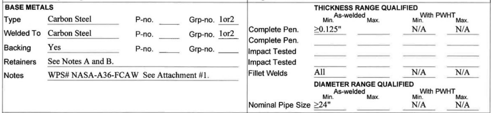 Base Metals and Thickness Range Qualified of a NASA Welding Procedure Specification