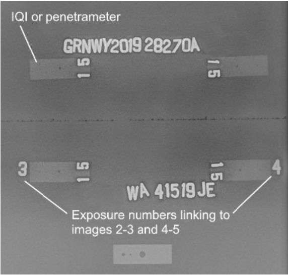 Radiograph Image Quality Indicators shown on a x-ray image. The image shows a straight line across the center of the x-ray. At the top there are a series of letters and numbers which represent different sized objects on the image and the IQI or penetrameter number of 15. Toward the bottom is another set of numbers and letters, all of which are used to ensure that the image is in focus enough to see the detail of the letters and numbers well. If you can clearly see the lettering and numbers then you can see defects of a similar size and nature. The numbers 3 and 4, are also shown which are exposure numbers.