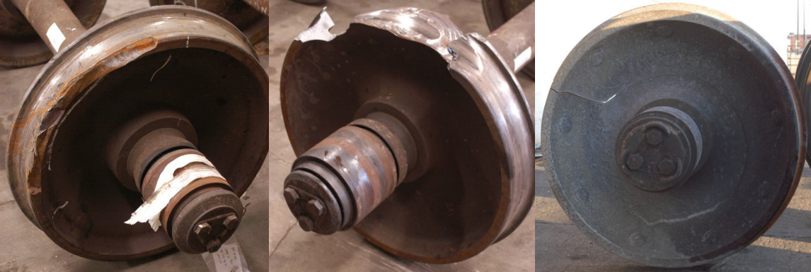 3 cast railroad wheels. On the left, the wheel shows vertical split rim, which means the rim of the wheel has split where the rail would meet the edge of the wheel. Image two has a shattered rim, and the wheel looks like the edge of a plate were broken off of the plate. And finally, a wheel with a thermal crack. The crack starts at the outside edge of the wheel and travels inward meeting about ¾ of the way into the center of the wheel.