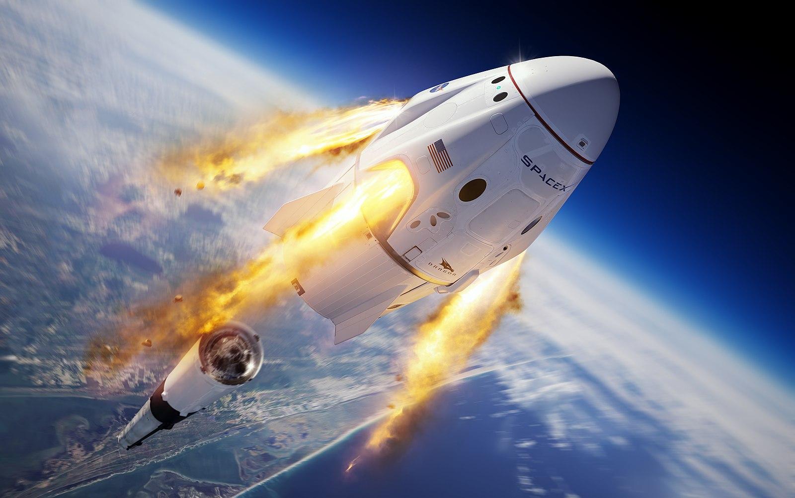 A space capsule blasts away from a rocket booster, the Earth in the background.