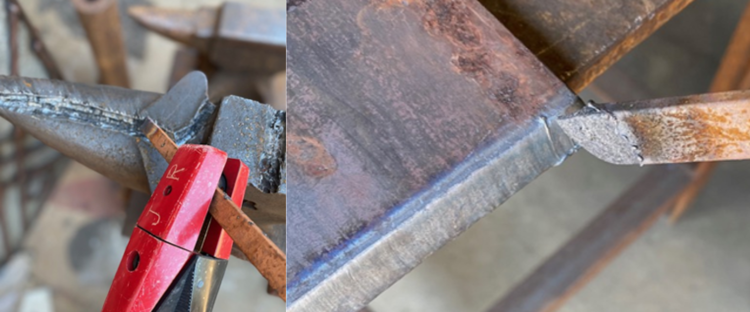 Two images are presented. In the first, an electrode held inside an electrode holder performing CAC-A to gouge out a crack in an anvil for a repair. The electrode holder is red. The anvil is caste iron. A line is being gouged out roughly the width of the electrode. The second image is a close up of an electrode performing a bevel cut on a piece of metal plate.