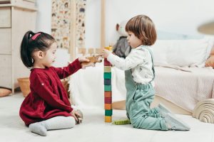 Two children playing with blocks