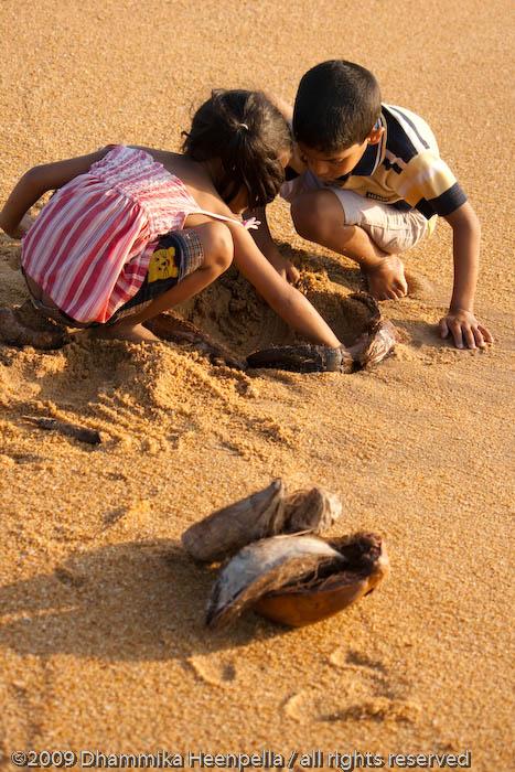 Two children playing in the sand together.