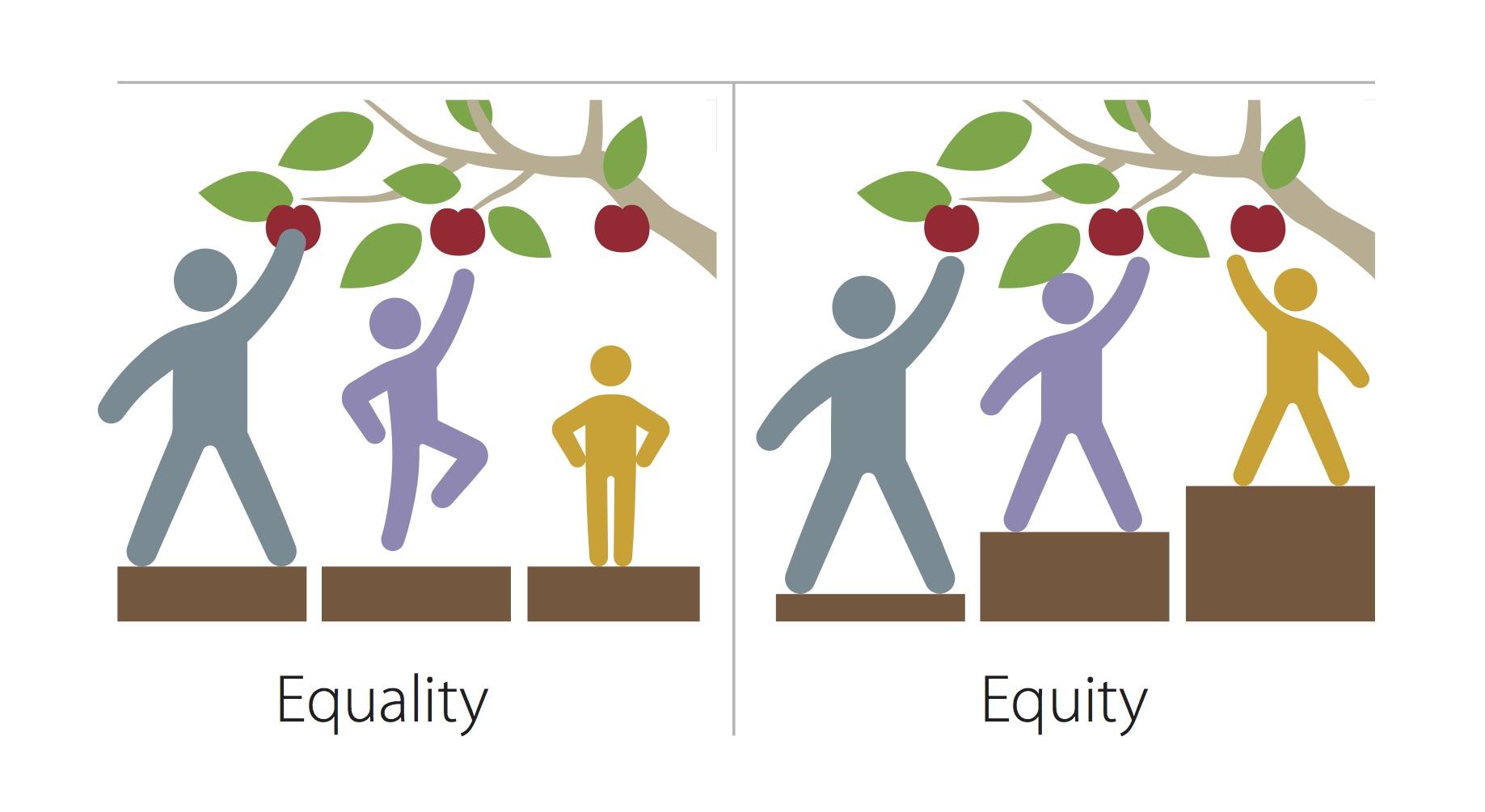 Equality is illustrated with three people of different sizes on the same size box trying to reach apples, while equity has the appropriate size box for each individual to reach the apple.