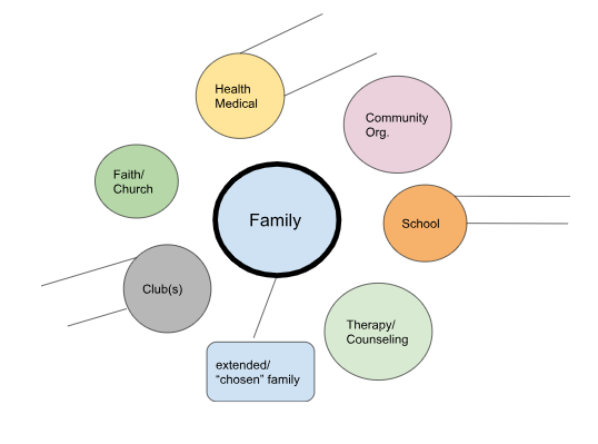 A diagram of possible family supports: Health Medical, Community Org., School, Therapy/Counseling, extended/”chosen” family, Clubs, Faith/Church. This is an example of an eco-map.