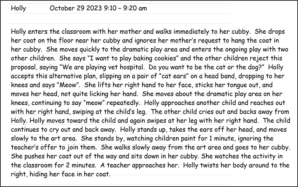 A written record of a child’s behavior written sequentially. The text states: Holy, October 29, 2023 9:10-9:20 am. Holly enters the classroom with her mother and walks immediately to her cubby. She drops her coat on the floor near her cubby and ignores her mother’s request to hang the coat in her cubby. She moves quickly to the dramatice play area and enters the ongoing play with two other children. She says “ I want to play baking cookies” and the other children reject this proposal, saying “ We are playing vet hospital. Do you want to be the cat or the dog?” Holly accepts this alternative plan, slipping on a pair of “cat ears” on a head band, dropping to her knees and says “Meow”. She lifts her right hand to her face, sticks her tongue out and moves head, not quite licking her hand. She moves about the dramatic play area on her knees continuing to say “meow” repeatedly. Holly approaches another child and reaches out with her right hand, swiping at the child’s leg. The other children cries out and backs away. Holly stands up, takes the ears off her head, and moves slowly to the art area. She stands by, watching children point for 1 minute, ignoring the teachers offer to join them. She walks away from the art area and goes to her cubby. She pushes her coat out of the way and sits down in her cubby. She watches the the activity in the classroom for 2 minutes. A teacher approaches her, Holly twists her body around to the right, hiding her face in her coat.