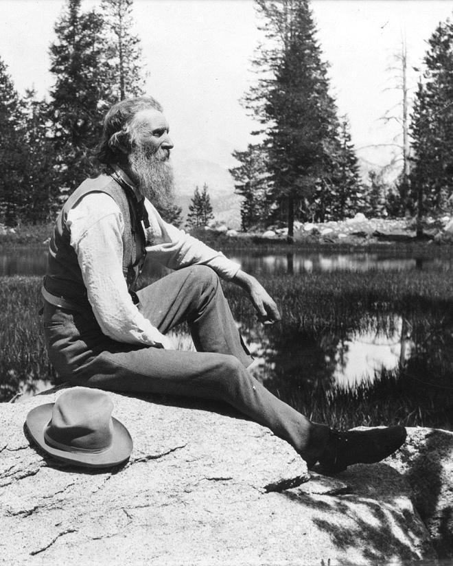 Black and white photo of naturalist John Muir sitting on a large stone, with trees and mountains in the background.