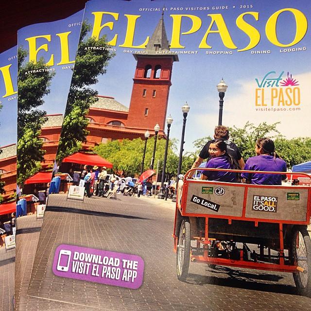 A stack of travel guides entitled “El Paso” with an image of two women in purple shirts riding in a pedicab down a brick street with people and buildings in the background. One of the women’s head is facing the viewer and smiling.