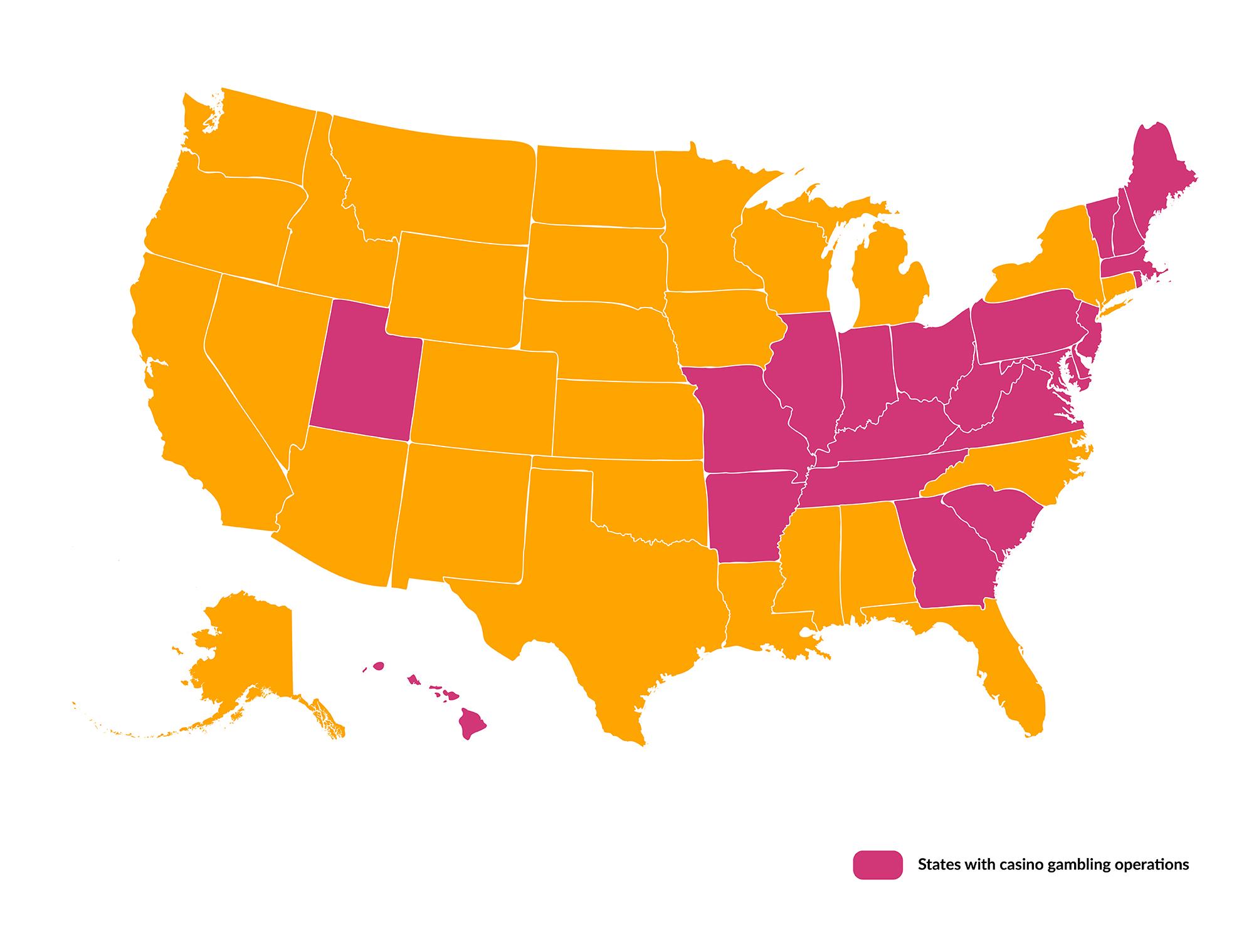 The figure is a map of the USA showing states that have Indian Gaming and those that do not have Indian Gaming. The states identified as having no Indian casino gambling operations are Georgia, South Carolina, Arkansas, Missouri, Illinois, Kentucky, Tennessee, Ohio, Indiana, West Virginia, Virginia, Maryland, Delaware, Massachusetts, New Hampshire, Vermont, Maine, Rhode Island, and New Jersey.