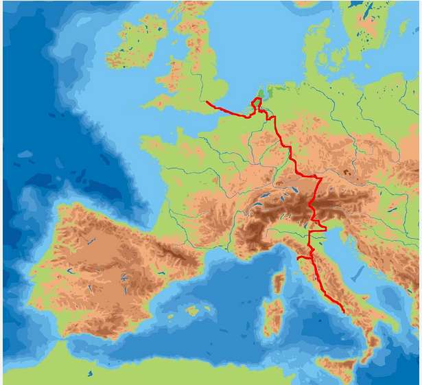 Map of The Grand Tour travel route(Clay & Rut, 2019, p. 135)