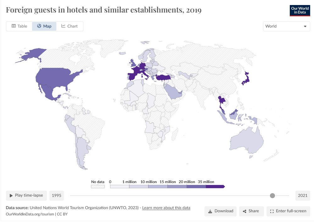 A world map showing how many foreign guests stay in different countries.