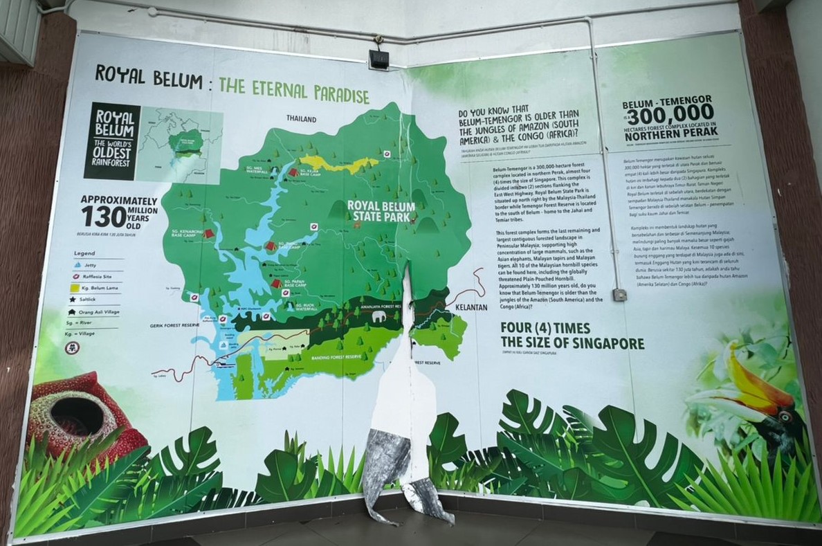 A map of Royal Belum National Park at a tourist center in Peninsular Malaysia.