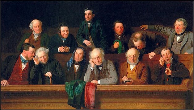 Dramatic oil painting depicting a group of twelve men seated around a table, their faces showing various expressions of contemplation and seriousness. The figures are dressed in attire typical of the 19th century, with dark coats and hats. A sense of tension and gravity pervades the scene as the men appear engaged in deep deliberation, illuminated by soft light from above.