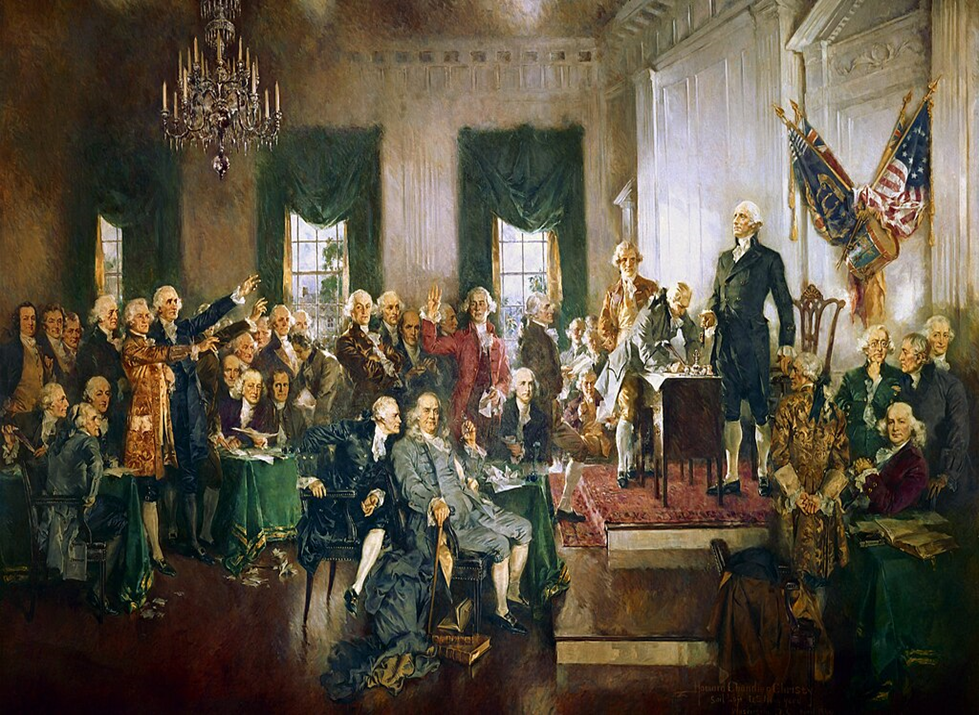 A 20-by-30-foot oil-on-canvas painting depicts Independence Hall in Philadelphia on September 17, 1787. George Washington stands next to Richard Spaight of North Carolina, who is signing the document. Benjamin Franklin is seated in the center, with Alexander Hamilton leaning toward him, while James Madison appears farther to the right.