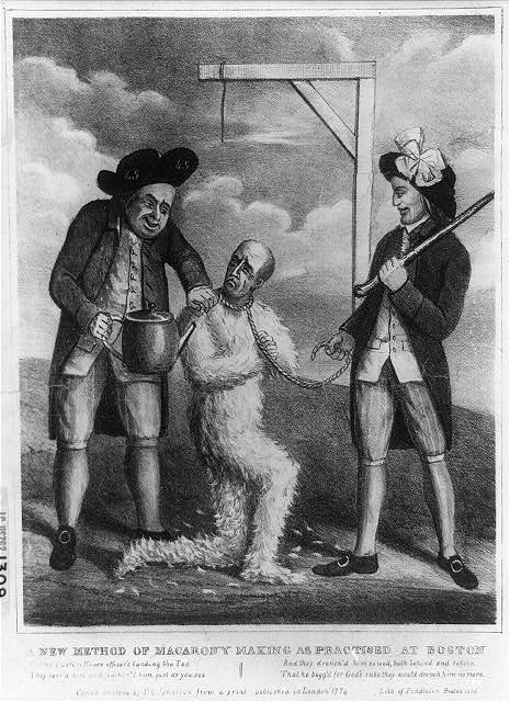 Illustration showing two revolutionary men with a tarred and feathered customs officer with a rope around his neck, forcing him to drink from a large teapot.