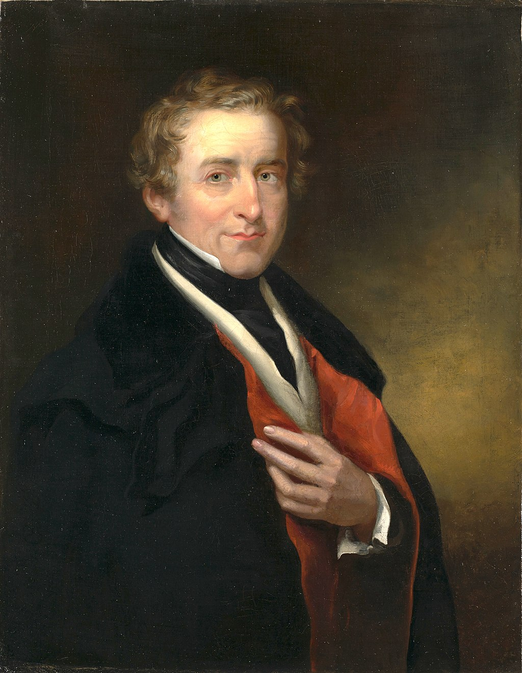 Portrait of Robert Peel, portraying him with dignity, shows him standing with his left arm bent, touching the contrasting inner red lapel on the right side of his black waistcoat.