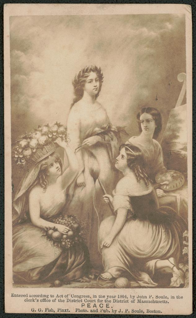 Photograph of painting by George Gardner Fish showing female personifications of Liberty surrounded by her three sisters, Agriculture, Industry and Art.