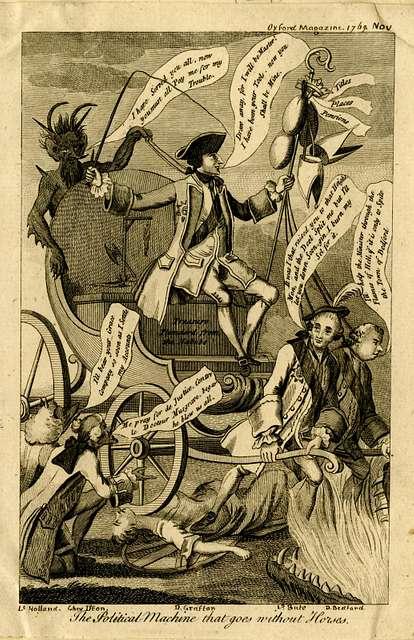 Illustration from the revolutionary era depicting a carriage being pulled by two men under the control of the devil, running over the throat of the Queen.