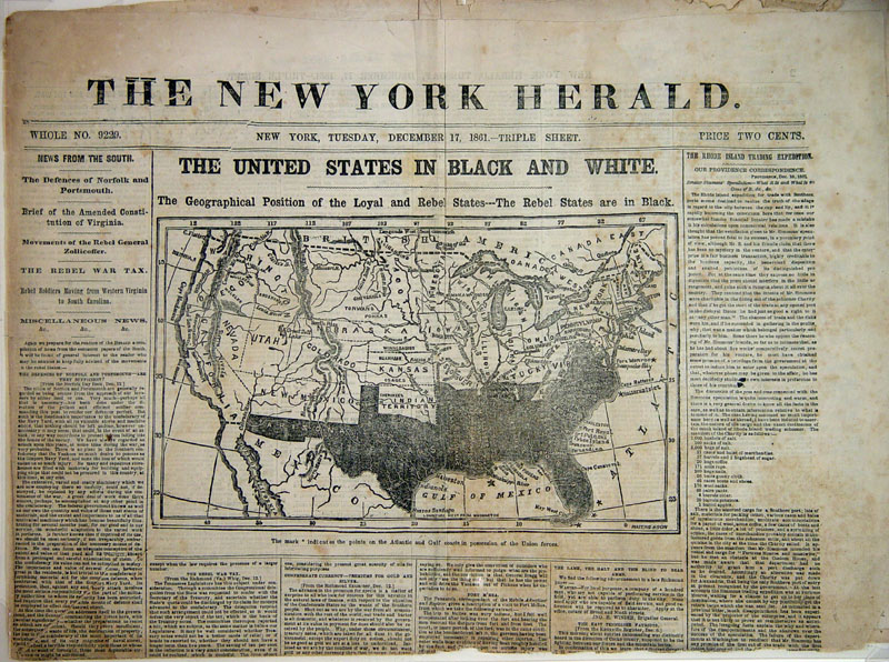 A front-page of the New York Herald, showing a map of the United States of America in black and white, surrounded by other news articles.