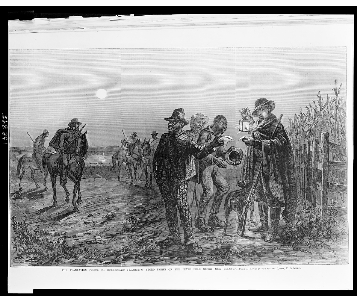 This illustration shows nighttime slave patrols or plantation police examining the written passes of African slaves to permit their travel on the levee road just south of New Orleans, Louisiana.