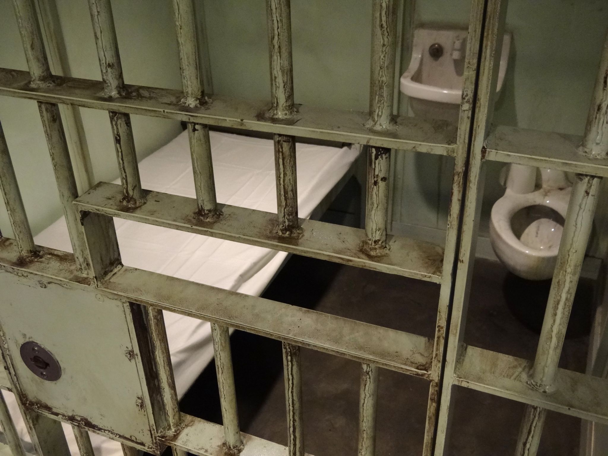 The desolate interior of a barren, dimly lit prison cell, with a bed, toilet, and sink visible from outside the filthy bars, depicting the stark essentials of confinement and the austerity of incarceration.