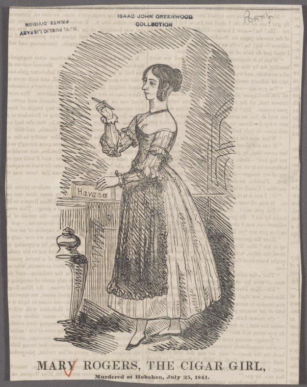 Illustration of Mary Cecilia Rogers, ‘The Cigar Girl,” in 1841, holding a Havana cigar.