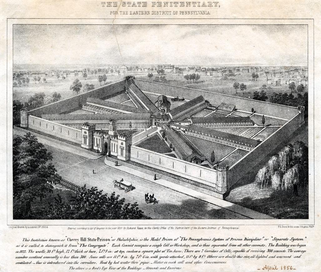 Drawing of an aerial view of Cherry Hill State Prison showcasing the radial configuration, with a centralized surveillance hub known as 'The Rotunda' from which long cell blocks radiate outward like spokes on a wheel.