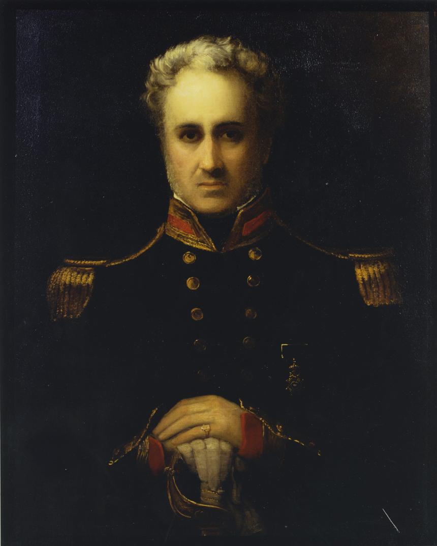 Portrait of Captain Alexander Maconochie, painted in 1836, depicted with hands clasped across the end of his sword, wearing his Navy captain's uniform against a dark foreground.