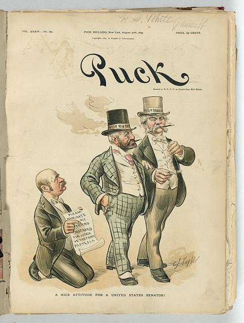 Illustration depicting Senator David B. Hill on his knees, pleading with the "Boss of New York," Richard Croker, and the "Boss of Brooklyn," Hugh McLaughlin. Senator Hill implores them to utilize their influence to secure the appointment of his friend as a Court of Appeals judge.