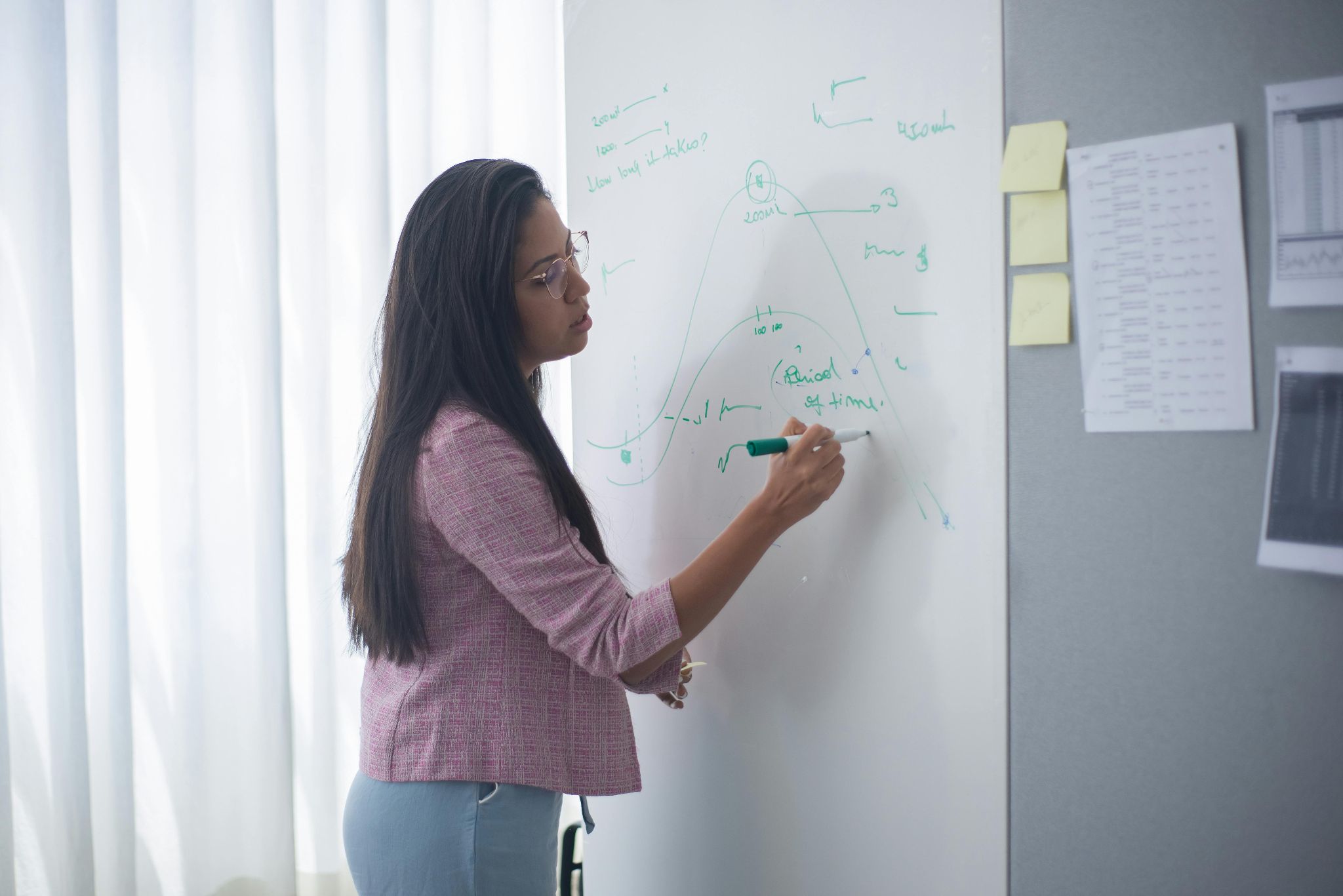 Image of a female scientist writing statistical figures on a dry erase board.