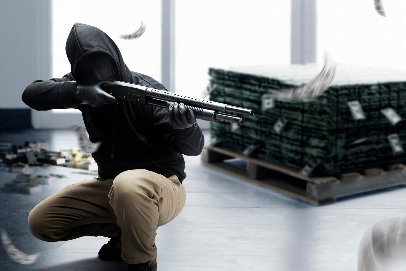 A male figure dressed in a black hooded coat and tan pants, crouches and aims a shotgun at an unseen target. A pallet of money is on the floor behind him.