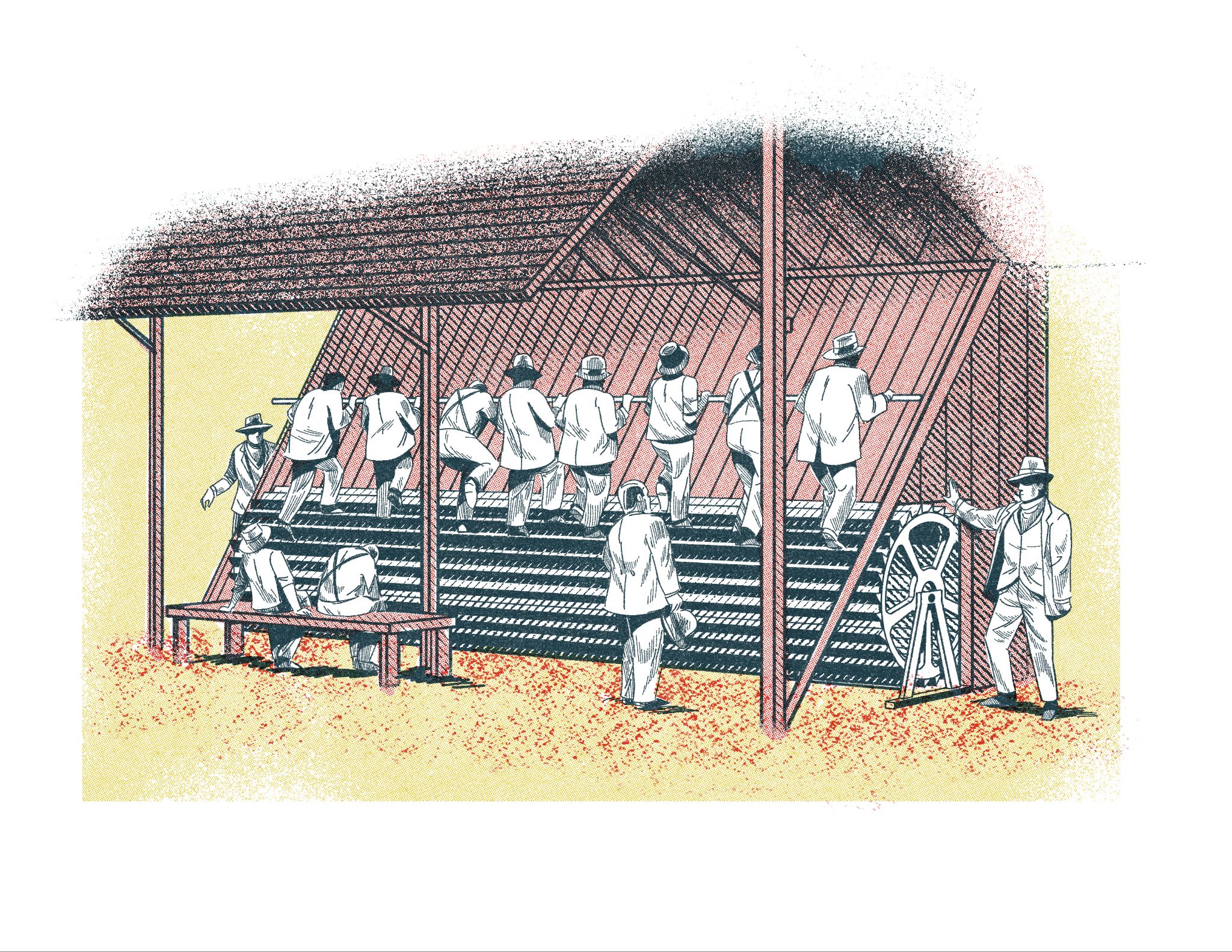 A shed-like structure shows eight convicts facing the same way, on revolving cylindrical wheel that would be used for grinding grain. Two exhausted convicts sit on a bench, while three wardens oversee the activity. This is one example of an early form of retribution