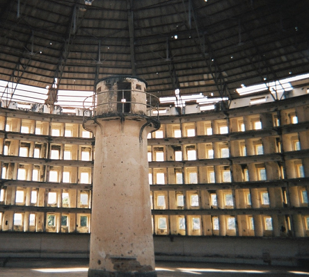 Photograph of the panopticon prison design characterized by a central watchtower.