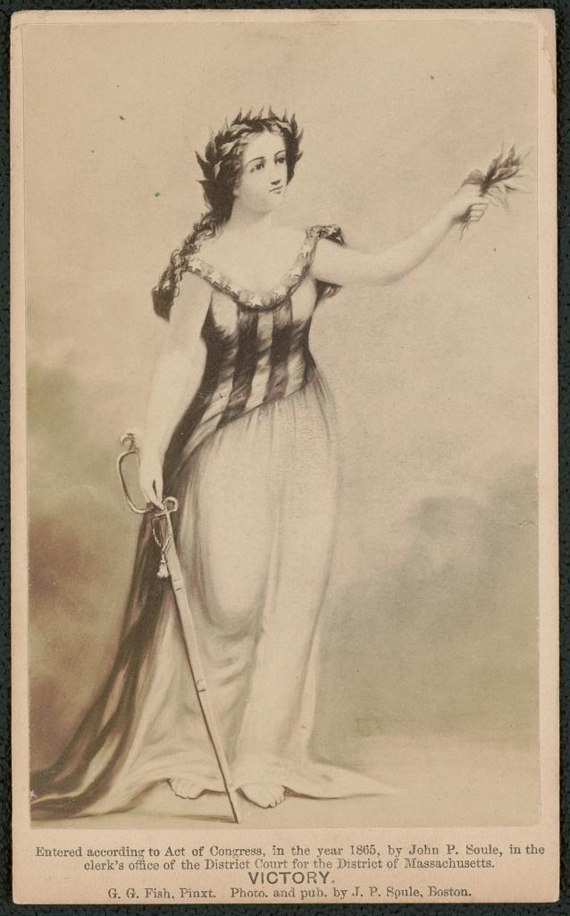 Photograph of painting depicting a female personification of Liberty wearing a laurel wreath atop her head, a flowing dress patterned with the American flag, holding a palm bouquet in one hand and a sword in the other.