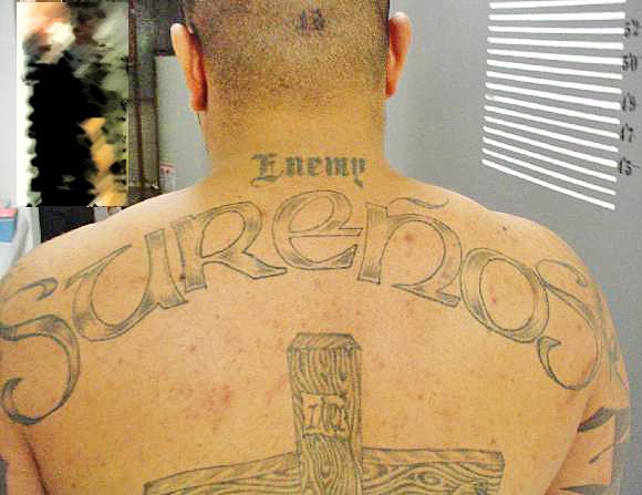 Photograph of a Sureños gang member's tattoos.