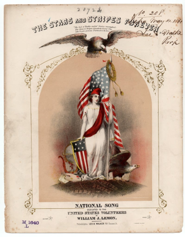 Majestic iIllustration of sheet music cover for "The Stars and Stripes Forever.” A figure representing the U.S. Constitution is shown wearing a Phrygian cap and holding a shield in her left hand and in her right the American flag, topped by a laurel wreath, symbolizing victory, honor, and achievement. At her right is the American eagle, and at her left are attributes, including a globe, likely representing universality, knowledge, and interconnectedness, an artist palette, often associated with creativity, artistic expression, and the beauty of creation, and a lyre musical instrument, symbolizing harmony, creativity, and the pursuit of excellence and cultural expression. She stands on a mound of earth marked "United States of America." A second eagle flies above her.