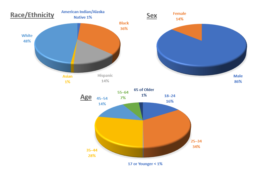 Pie graphs showing Race/Ethnicity, Sex, and Age composition of jail inmates. In Race/Ethnicity, the graph shows 48% White, 36% Black, 14% Hispanic, 1% Asian and 1% American Indian/Alaska Native. In Sex, the graph shows 86% are Male and 14% are female. In Age, the pie graph shows less than 1% are 17 or Younger, 16% are 18-24, 34% are 25-34, 28% are 35-44, 14% are 45-54, 7% are 55-64, and 1% are 65 or Older.