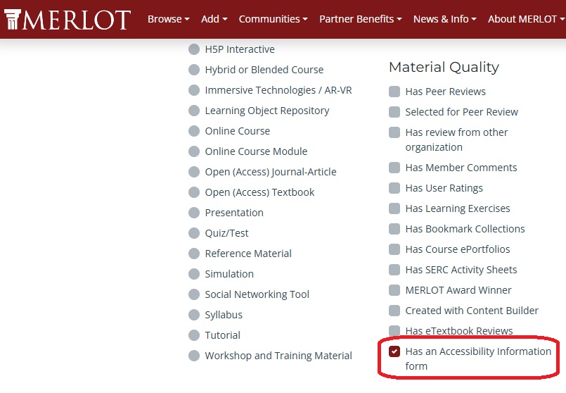 MERLOT site's Advanced Material Search,w hich includes a filter for materials with an Accessibility Information form