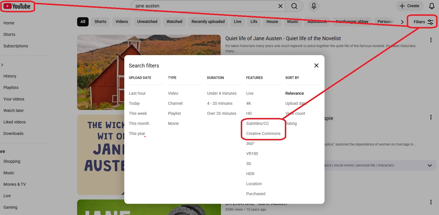 A search on YouTube and limiting to filters that include Subtitles as well as Creative Commons