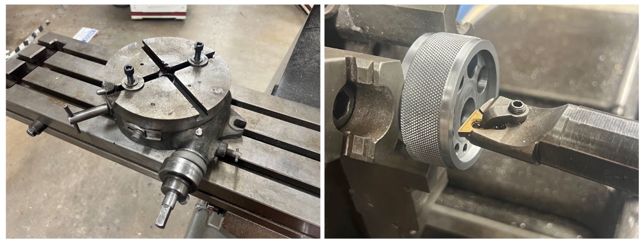 Cutting the bottom pocket. Left; a rotary table on a manual mill. Right; using a boring bar on the lathe.