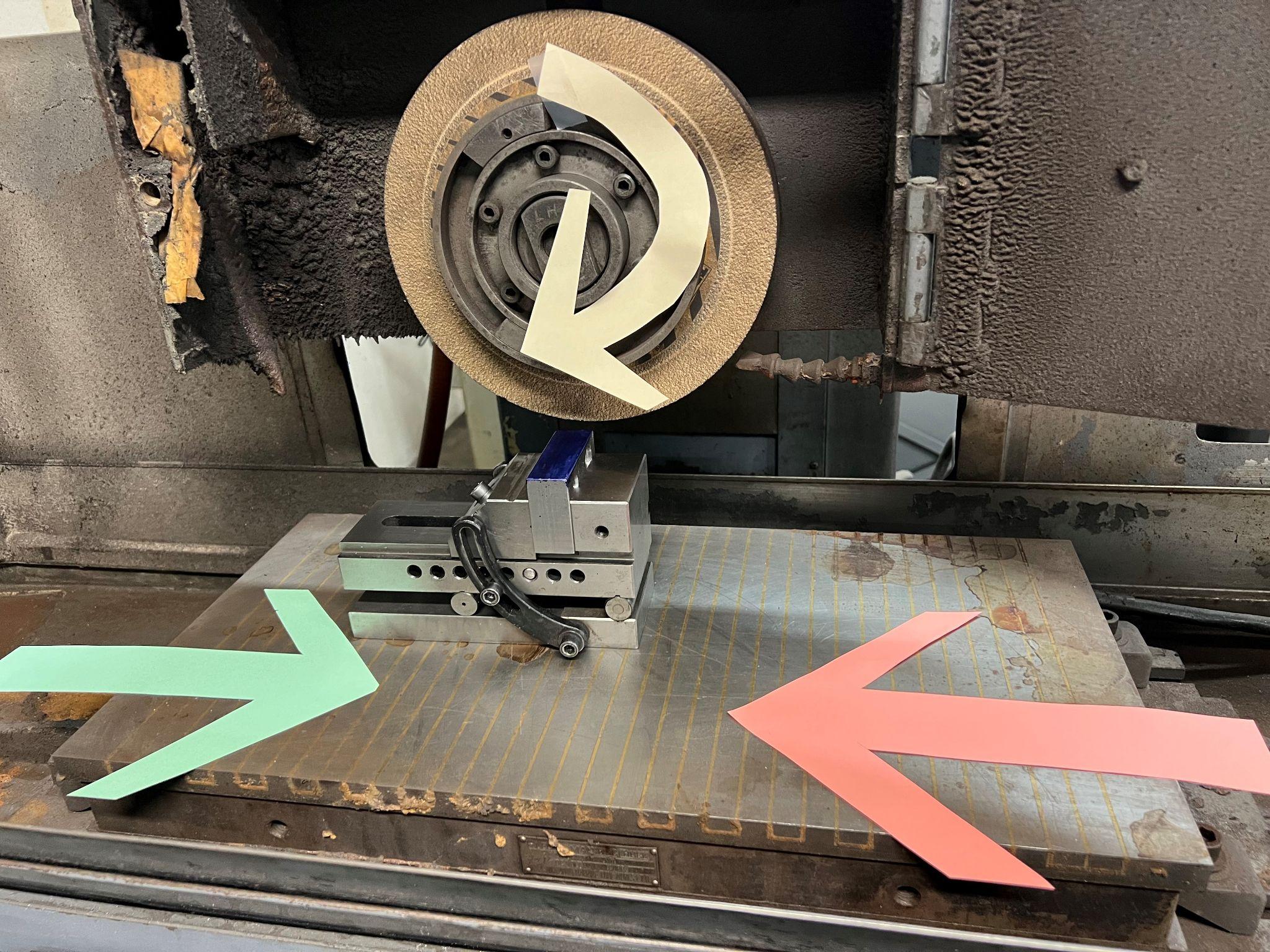 A grinding wheel above a part on the table. Arrow shows rotational direction and table movement.